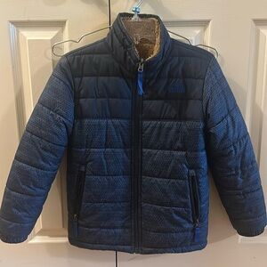 North Face boys reversible coat, navy/brown, like new, size 7/8